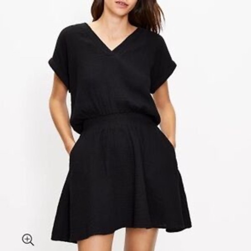 Lou & Grey Black Double Gauze Cotton Smocked Waist V-Neck Mini Dress Pockets pp